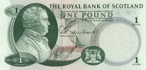 Scottish 1 Pound Royal Bank of Scotland Banknote Front Issued 1967 Accepted For Exchange