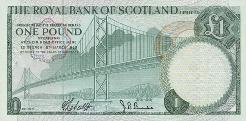 Scottish 1 Pound Royal Bank of Scotland Banknote Front Issued 1969 Accepted For Exchange