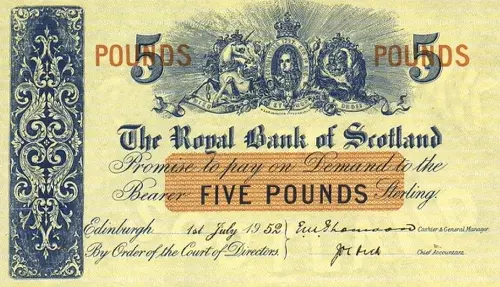 Scottish 5 Pound Royal Bank of Scotland Banknote Front Issued 1952 Accepted For Exchange