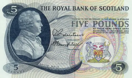 Scottish 5 Pound Royal Bank of Scotland Banknote Front Issued 1966 Accepted For Exchange