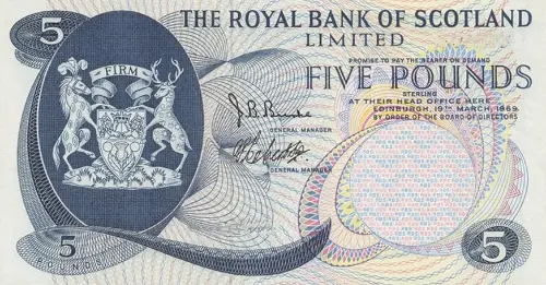 Scottish 5 Pound Royal Bank of Scotland Banknote Front Issued 1969 Accepted For Exchange