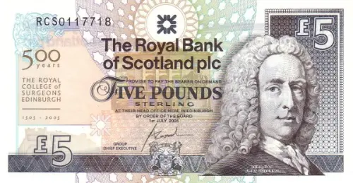 Scottish 5 Pound Bank of Scotland plc Banknote Front Issued 2005 Accepted For Exchange