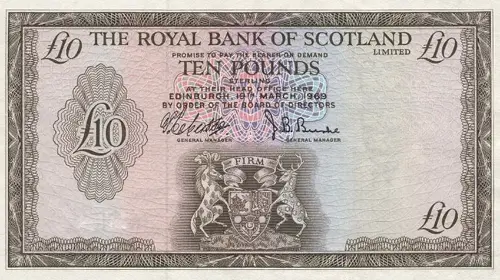 Scottish 10 Pound Royal Bank  Scotland Banknote Front Issued 1969 Accepted For Exchange