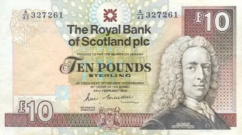 Scottish 10 Pound Bank of Scotland plc Banknote Front Issued 1996 Accepted For Exchange