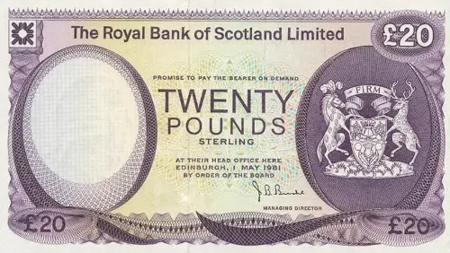 Scottish 20 Pound Royal Bank of Scotland Banknote Front Issued 1981 Accepted For Exchange