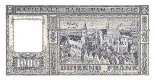 Belgian 1000 Franc Banknote (type Dynastie) Front Issued 1944 accepted for exchange