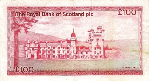 Scottish 100 Pound Royal Bank of Scotland Banknote Front Issued 1982 Accepted For Exchange