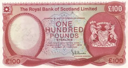 Scottish 100 Pound Royal Bank of Scotland Banknote Front Issued 1982 Accepted For Exchange