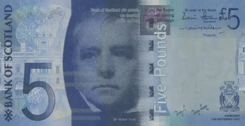 Scottish 5 Pound Bank of Scotland Banknote Front Issued 2015 Accepted For Exchange