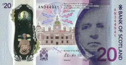 Scottish 20 Pound Bank of Scotland Banknote Front Issued 2019 Accepted For Exchange