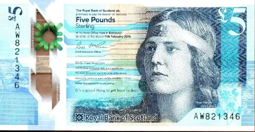 Scottish 5 Pound Royal Bank of Scotland Banknote Front Issued 2015