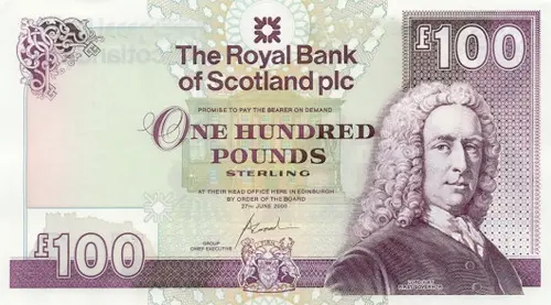 Scottish 100 Pound Royal Bank of Scotland Banknote Front Issued 2000