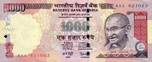 1000 Indian Rupee Banknote Issued 2005 Front Accepted For Exchange