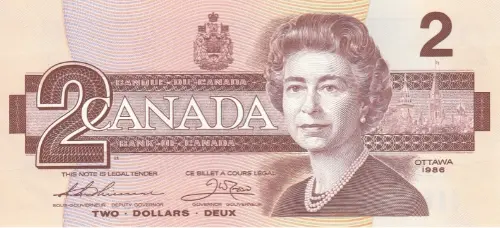 Canadian 2 Dollar Bill Banknote Front Issued 1986 Accepted For Exchange