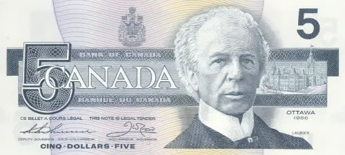 Canadian 5 Dollar Bill Banknote Front Issued 1986 Accepted For Exchange