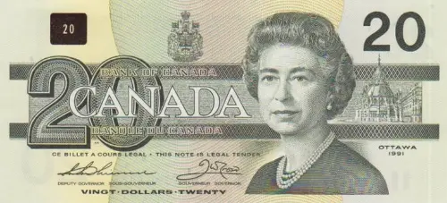 Canadian 20 Dollar Bill Banknote Front Issued 1991 Accepted For Exchange