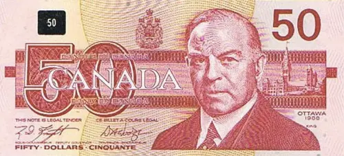 Canadian 50 Dollar Bill Banknote Front Issued 1988 Accepted For Exchange