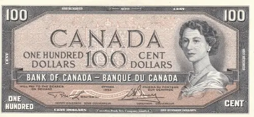Canadian 100 Dollar Bill Banknote Front Issued 1954 Accepted For Exchange