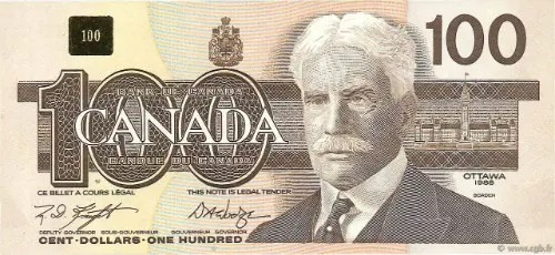 100 Canadian Dollar Banknote Front Issued 1988 Accepted For Exchange