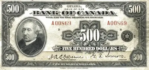 500 Canadian Dollar Banknote Front Issued 1935 Accepted For Exchange
