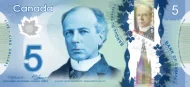 Canadian 5 Dollar Bill Polymer Banknote Front Issued 2013 Accepted For Exchange