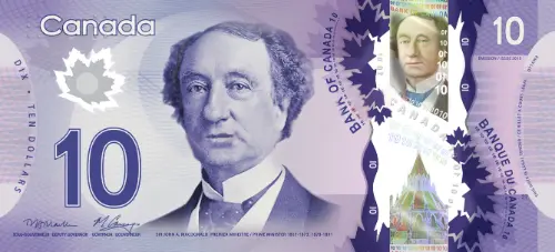 Canadian 10 Dollar Bill Polymer Banknote Front Issued 2013 Accepted For Exchange