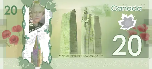 Canadian 20 Dollar Bill Polymer Banknote Front Issued 2012 Accepted For Exchange