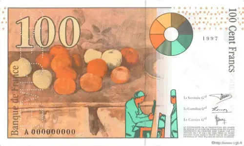 100 French Francs (Paul Cezanne) First Issued 1997 Front Accepted For Exchange