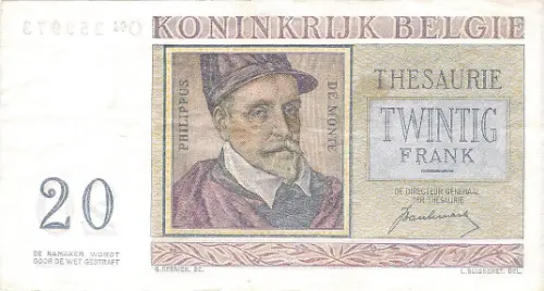 Belgian 20 Franc Treasury Banknote (Orlande de Lassus) Front Issued 1950 accepted for exchange