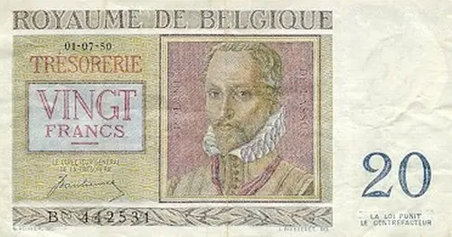 Belgian 20 Franc Treasury Banknote (Orlande de Lassus) Front Issued 1950 accepted for exchange