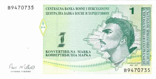 1 Bosnia And Herzegovina Konvertible Mark Banknote First Issued 1998 Front Accepted For Exchange