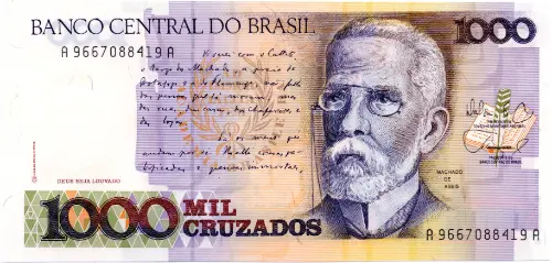 1000 Brazilian Cruzados Banknote (Machado de Assis) First Issued 1987 Front Accepted For Exchange
