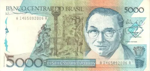 5000 Brazilian Cruzados Banknote (Machado de Assis) First Issued 1987 Front Accepted For Exchange