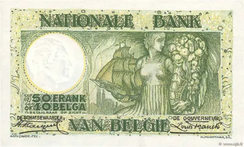 Belgian 50 Franc Treasury Banknote (Anto-Carte) Front Issued 1928 accepted for exchange