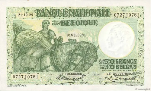Belgian 50 Franc Treasury Banknote (Anto-Carte) Front Issued 1928 accepted for exchange