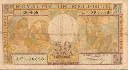 Belgian 50 Franc Treasury Banknote (Buisseret) Front Issued 1948 accepted for exchange