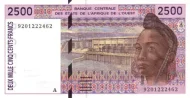 2500 CFA Franc West African Banknote First Issued 1992 Front Accepted for Exchange