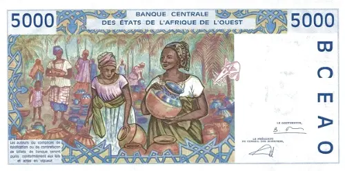 5000 CFA Franc West African Banknote First Issued 1992 Front Accepted for Exchange
