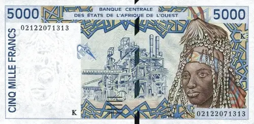 5000 CFA Franc West African Banknote First Issued 1992 Front Accepted for Exchange