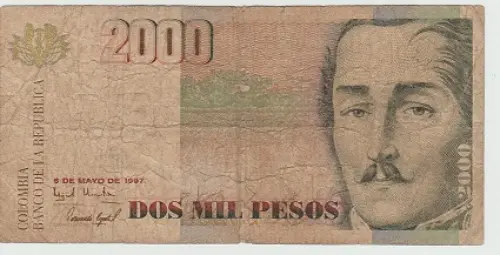 2000 Colombian Pesos Banknote (Francisco de Paula Santander) First Issued 1996 Front Accepted For Exchange