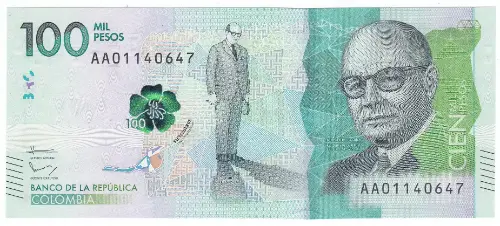 100000 Colombian Pesos banknote (Carlos Lleras Restrepo) First Issued 2014 Front Accepted For Exchange