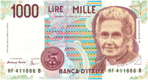 1000 Italian Lire (Maria Montessori) Banknote First Issued 1990 Front Accepted For Exchange