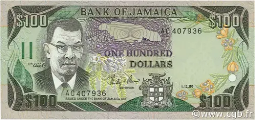100 Jamaican Dollar Banknote (Sir Donald Sangster) First Issued 1986 Front Accepted For Exchange