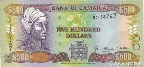 500 Jamaican Dollar Banknote (Nanny Maroons) First Issued 1994 Front Accepted For Exchange