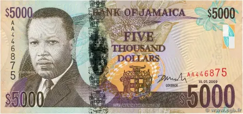 5000 Jamaican Dollar Banknote (Hugh Shearer) First Issued 2009 Front Accepted For Exchange