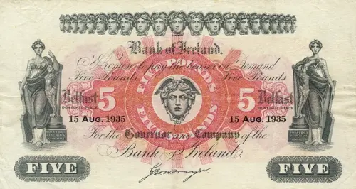 Northern Ireland 5 Pound Bank of Ireland Banknote Front Issued 1940