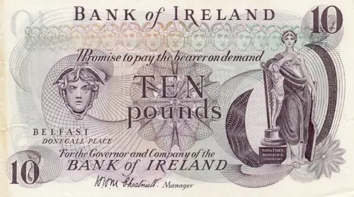 Northern Ireland 10 Pound Bank of Ireland Banknote Front Issued 1960
