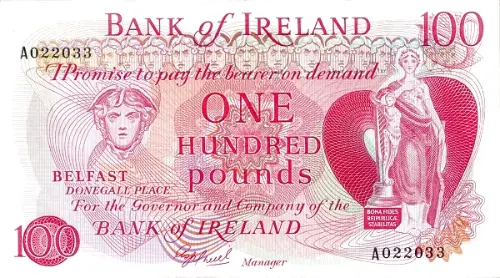 Northern Ireland 100 Pound Bank of Ireland Banknote (Mercury) Front Issued 1967 Accepted For Exchange