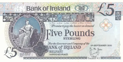 Northern Ireland 5 Pound Bank of Ireland Banknote Front Issued 2003.