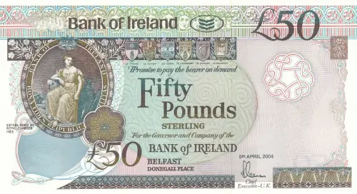 Northern Ireland 50 Pound Bank of Ireland Banknote Front Issued 2004